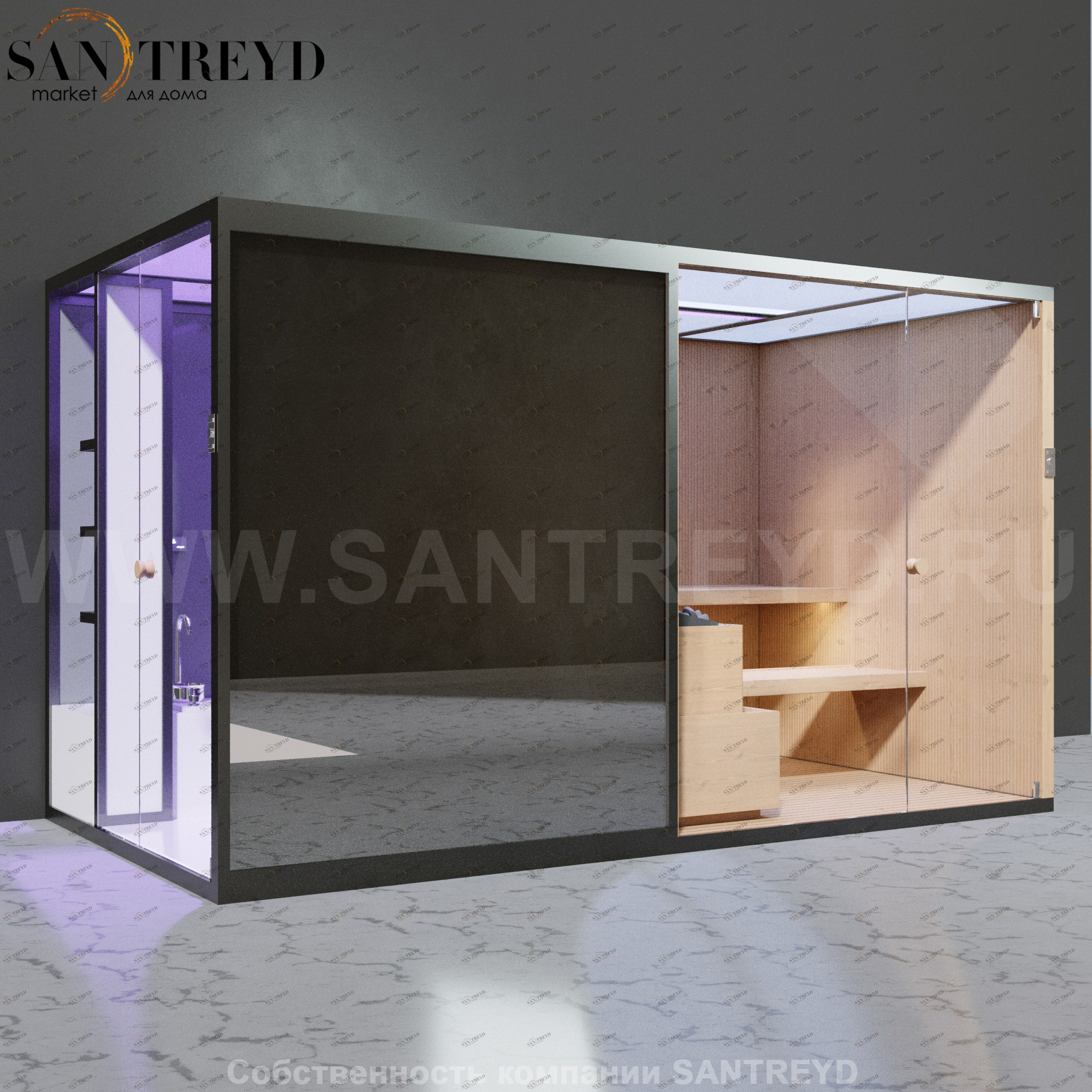 Effegibi BODYLOVE SH BL45130009 Боковая комбинированная баня: хаммам и сауна. Установка: к стене. Мощность: 15 кВт макс. Размеры: длина 393 см, ширина 176 см. Отделка: канадский хемлок, гладкое стекло и зеркало.