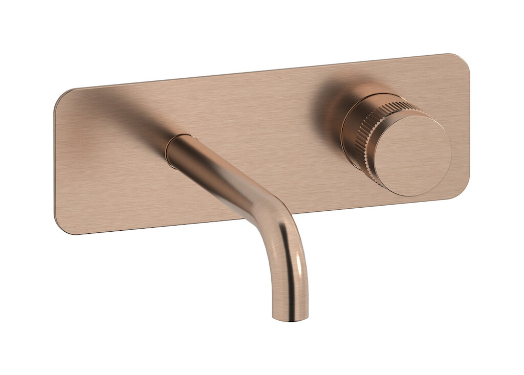 Настенный смеситель для раковины прогрессивный на 2 отверстия в комплекте с донным клапаном. WE ARE IB rx206sr Brushed Rose Gold Reflex