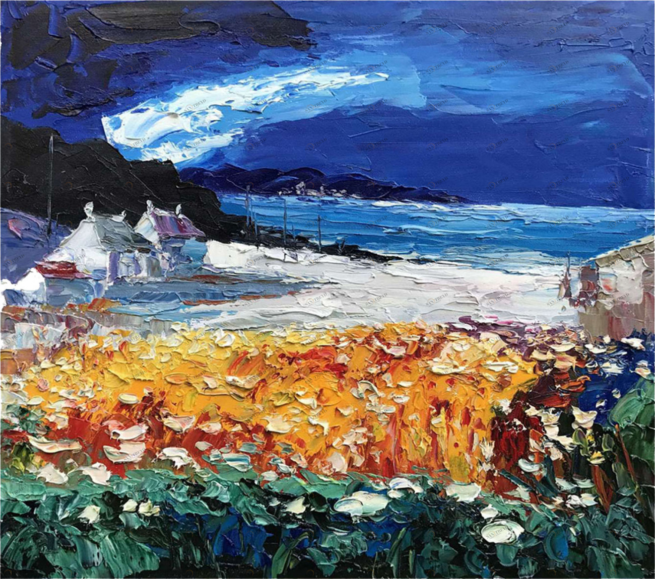 Картина на холсте 100х100 см "Деревня на берегу" EVENHOME КАРТИНЫ МАСЛОМ 129918 Коричневый;синий;разноцветный 