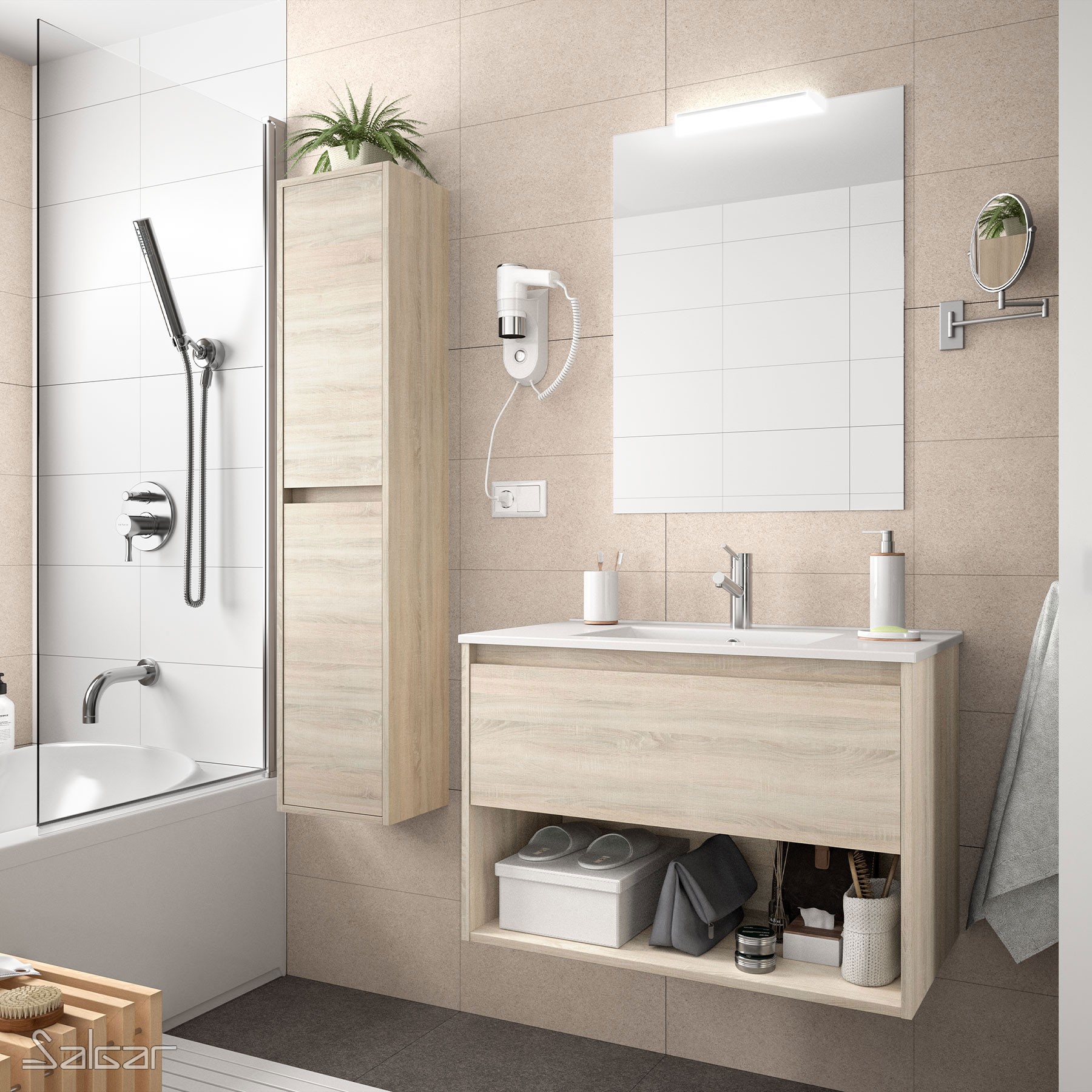 85017 SALGAR Комплект мебели для ванной Noja 1000 1 ящик 1 место ДУБ КАЛЕДОНИЯ + Раковина + Зеркало + Свет Дуб Каледония