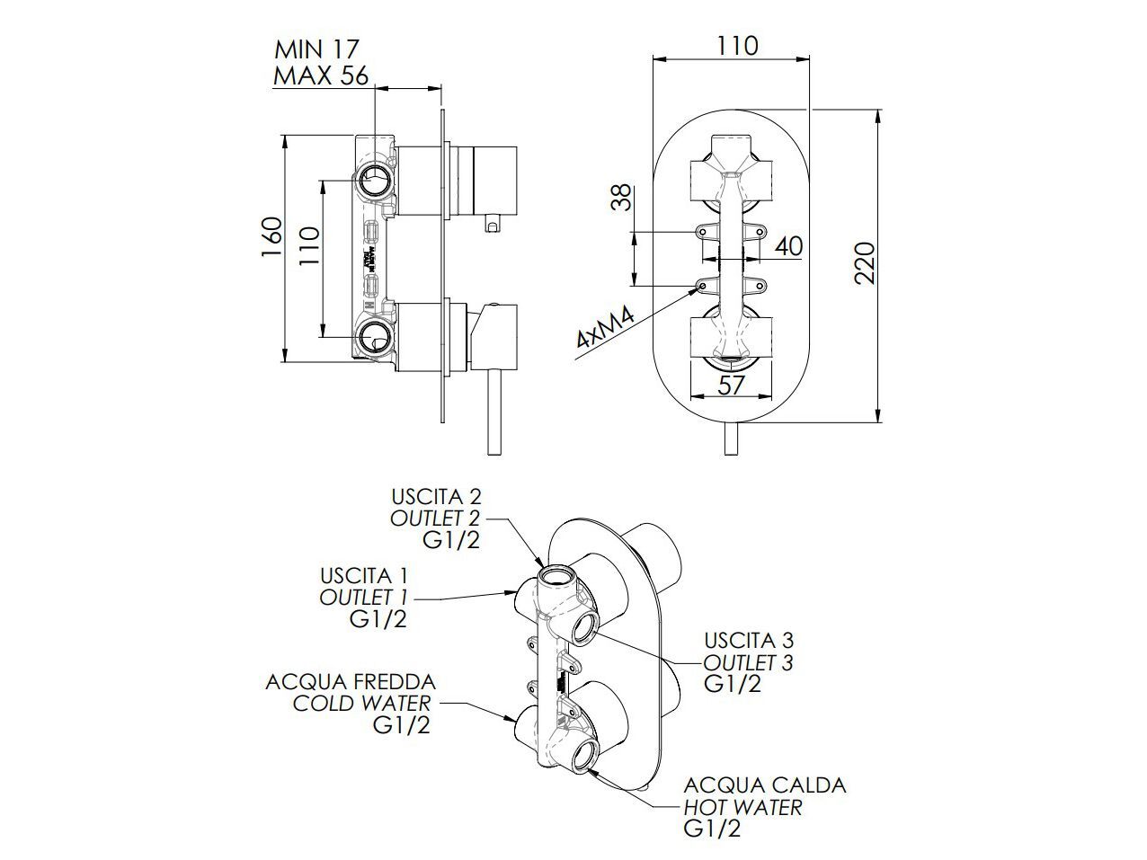Однорычажный встраиваемый смеситель для душа с переключателем Rubinetterie Mariani Next ARCH-00023025 - Вид №3