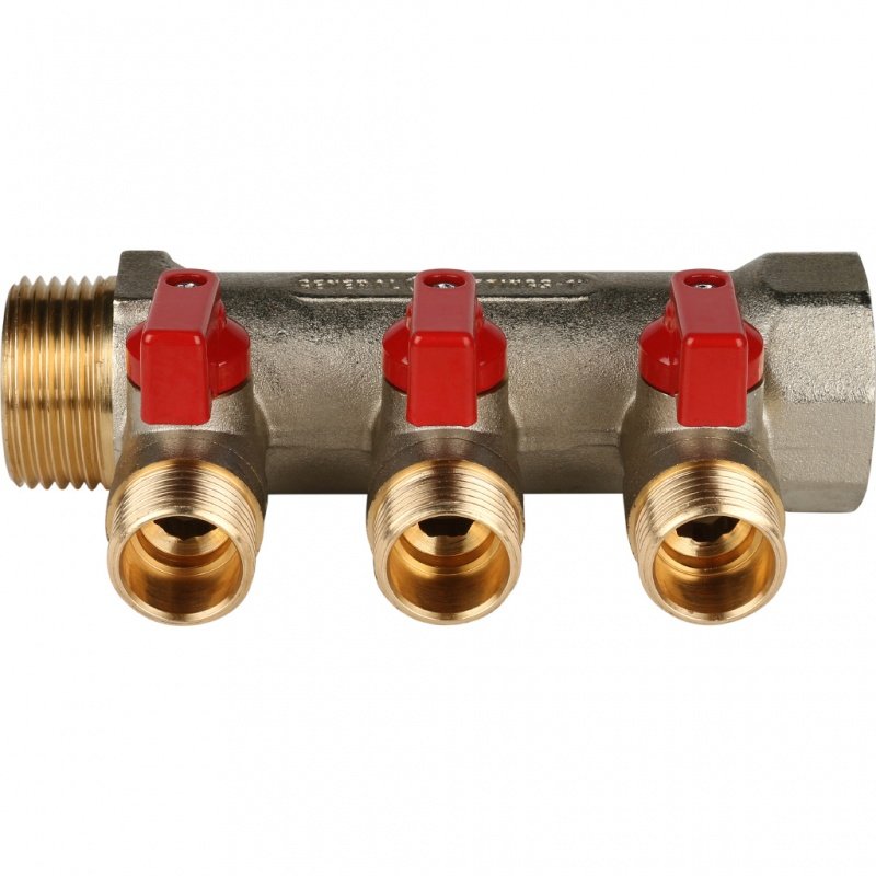 Коллектор с шаровыми кранами 1" STOUT 3 выхода 1/2", красные ручки SMB6200011203 - Вид №2