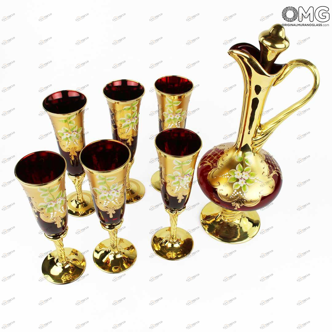 3371 ORIGINALMURANOGLASS Набор бокалы-флюте и графин красного цвета trefuochi - муранское стекло OMG  см 