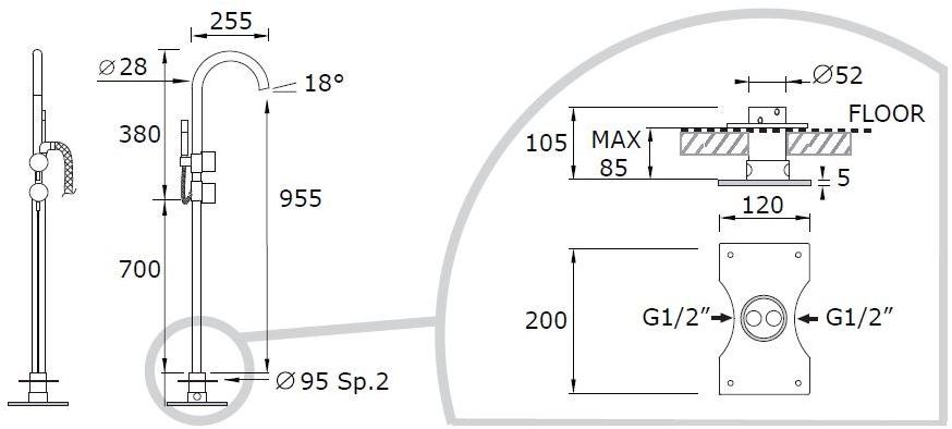 MINA Смеситель для ванны напольный с ручным душем Giotto 29950400t - Вид №1
