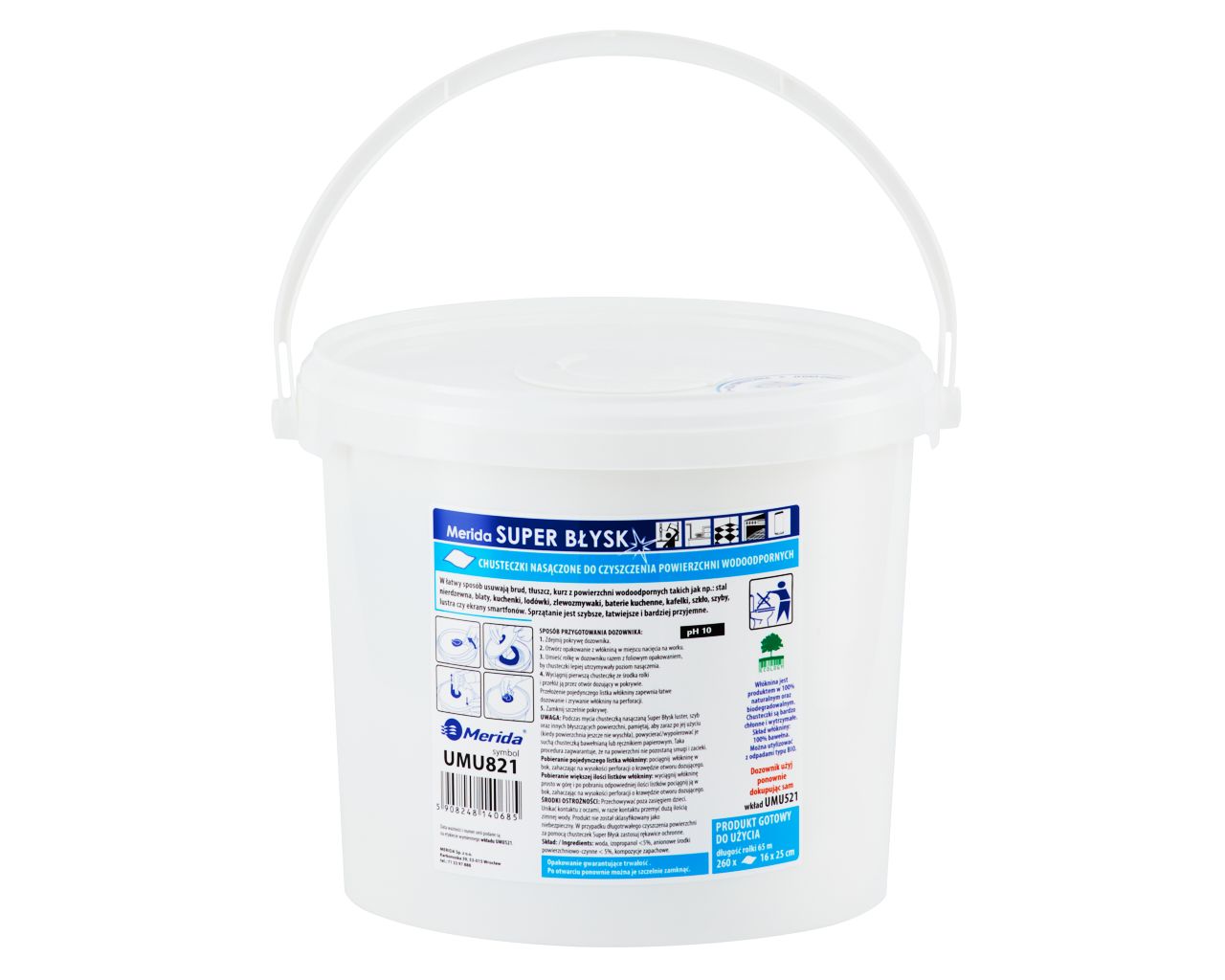 UMU821 Влажные салфетки для очистки водостойких поверхностей SUPER BŁYSK, ведро 6 л, рулон 65 м, 260 листов Merida  - Вид №1