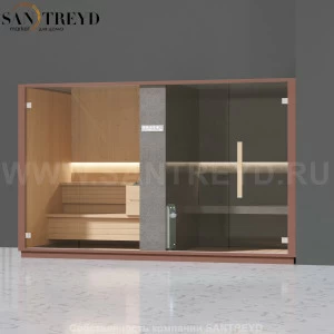 Effegibi LOGICA SH LO40030004 Комбинированная баня: хаммам и сауна. Установка: в правый угол. Мощность: 10,5 кВт макс. Размеры: длина 373 см, ширина 171 см. Отделка: канадский хемлок, матовый лакированный коричневый аллюминий и темный ламинат из керамогра