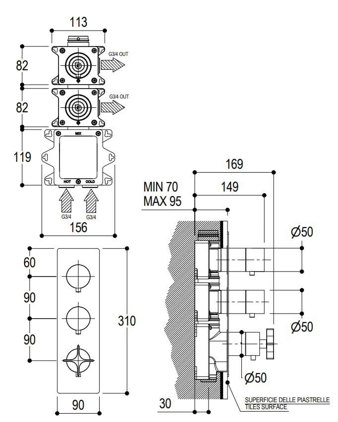 Термостатический смеситель для душа Ritmonio Diametro35 Cross ARCH-00147218 - Вид №2