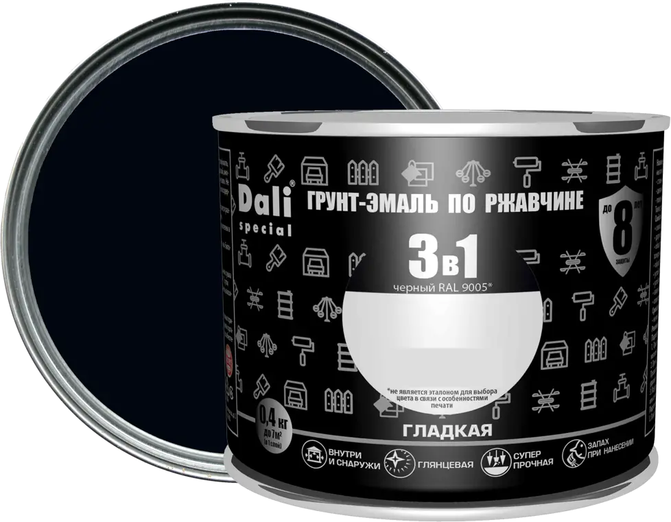 Грунт-эмаль Dali 3 в 1 - защита металла от коррозии, черный 0.4 кг 83372431
