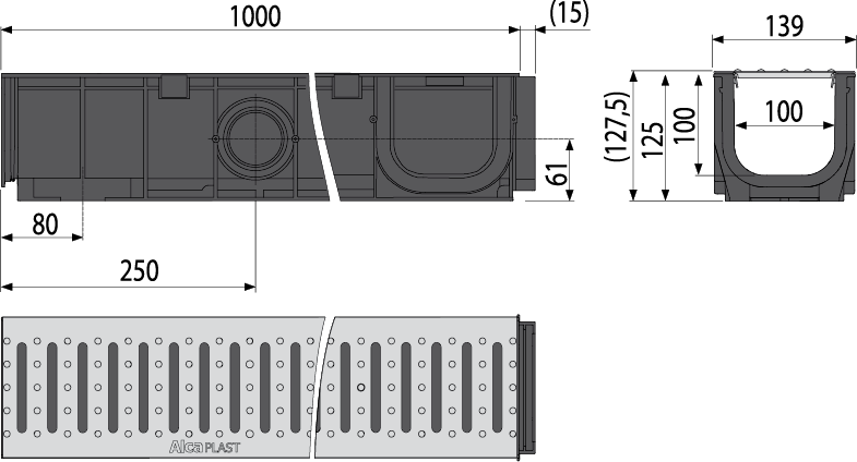 Дренажный канал 100 мм без рамы с оцинкованной решеткой „T“ профиль A15 ALCAPLAST AVZ101R101 - Вид №2