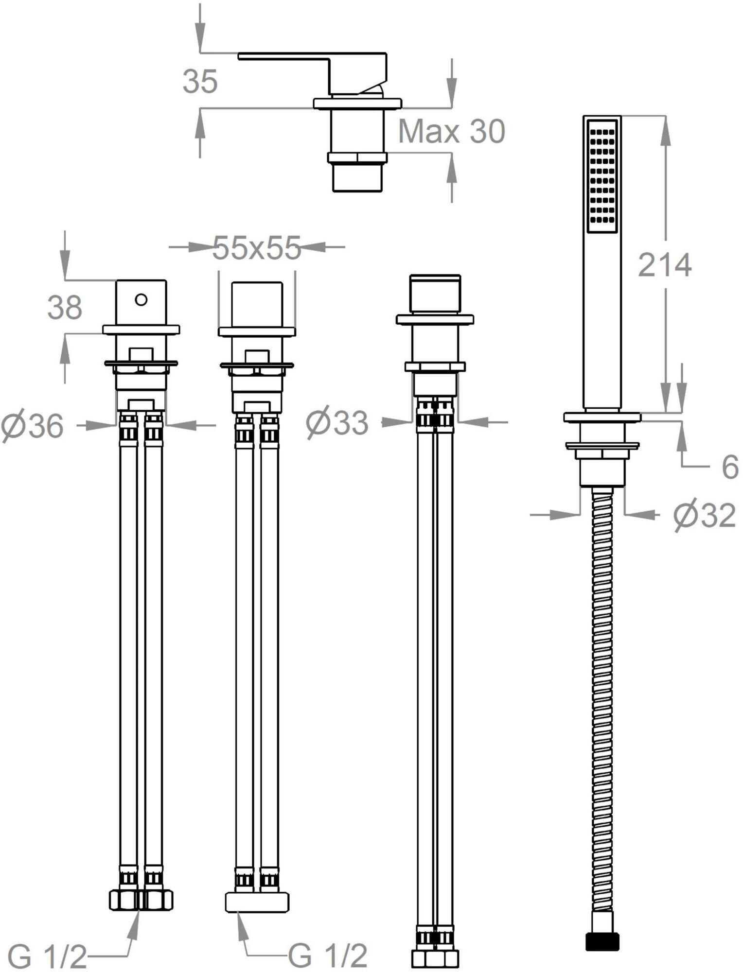 Fir Italia Комплект для ванны из латуни на 4 отверстия с переключателем и ручным душем New playone 90 9031504 - Вид №1