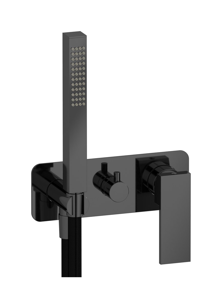 Внешние части встроенного в стену смесителя на 3 потребителя в комплекте с душевым гарнитуром. WE ARE IB ru314cf Black Chrome Rubacuori 