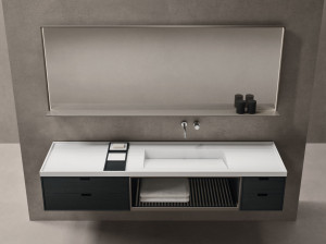 Одноместная раковина из твердой поверхности и дуба с выдвижными ящиками и встроенной раковиной