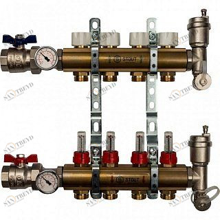 Коллектор из латуни на 4 вых. с расходомерами STOUT SMB0473000004