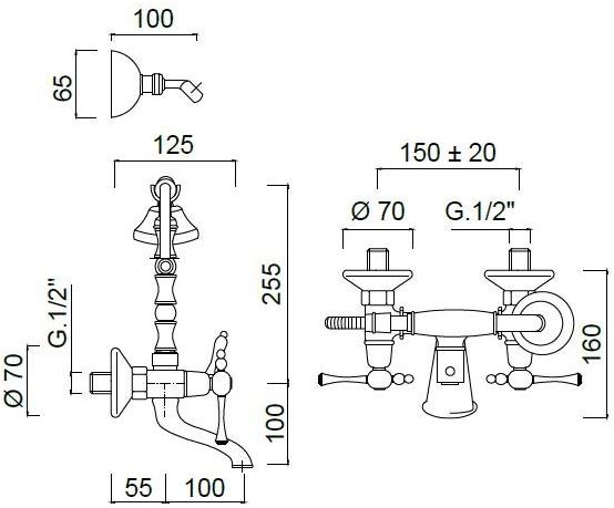 Rubinetteria Giulini Настенный смеситель для ванны на 2 отверстия с ручным душем Londra 7201 - Вид №1