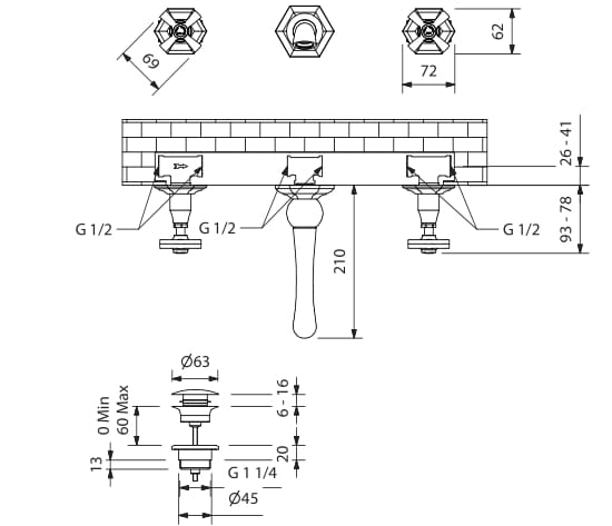 Настенный смеситель для раковины с 3 отверстиями Park Avenue Crowe ARCH-00039785 - Вид №3
