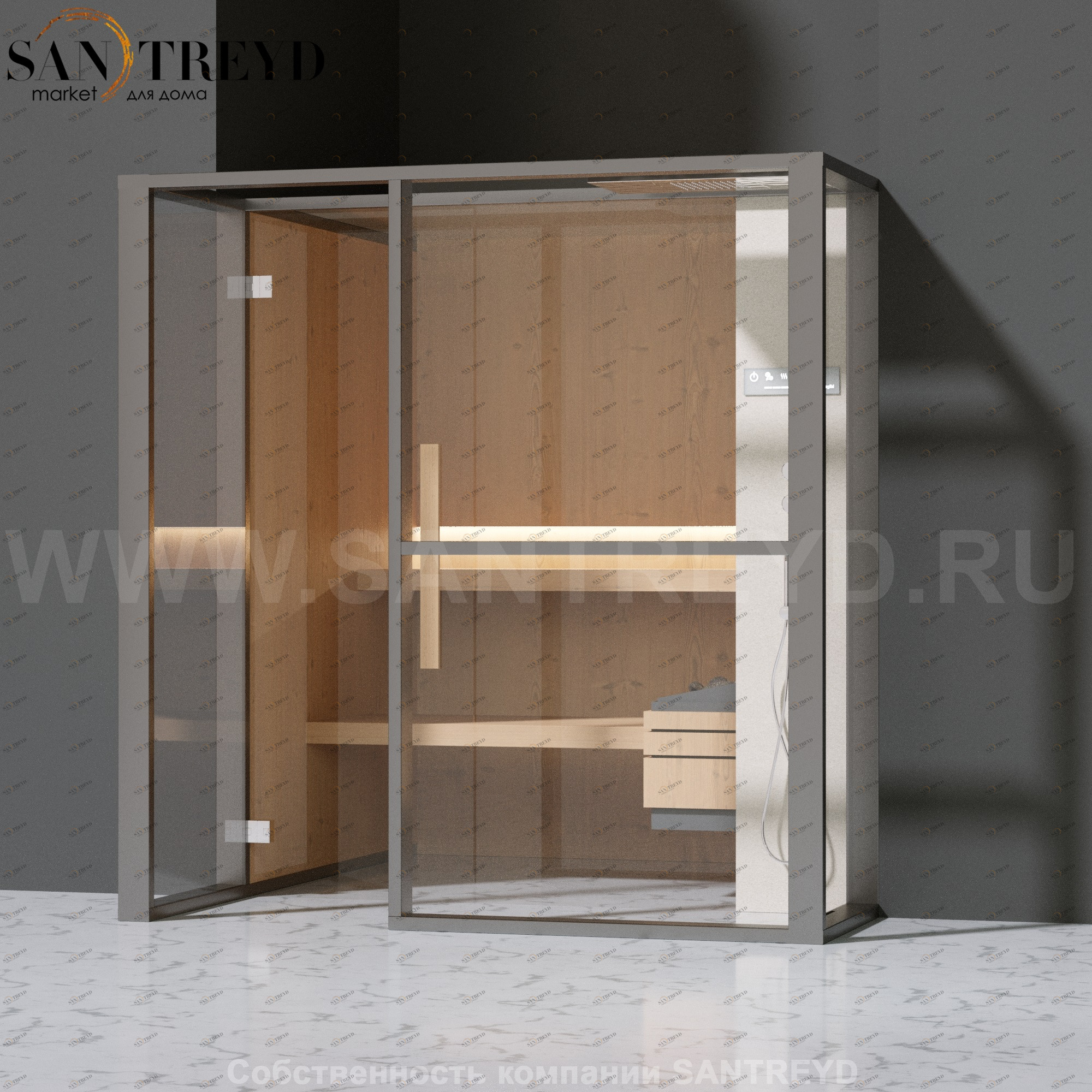 Effegibi LOGICAFILO S LO21010011 Сауна. Установка: в полунишу. Правая дверь. Мощность: 6 кВт макс. Размеры: длина 214 см, ширина 250 см. Отделка: канадский хемлок, матовый лакированный серый аллюминий и бежевый ламинат из керамогранита.