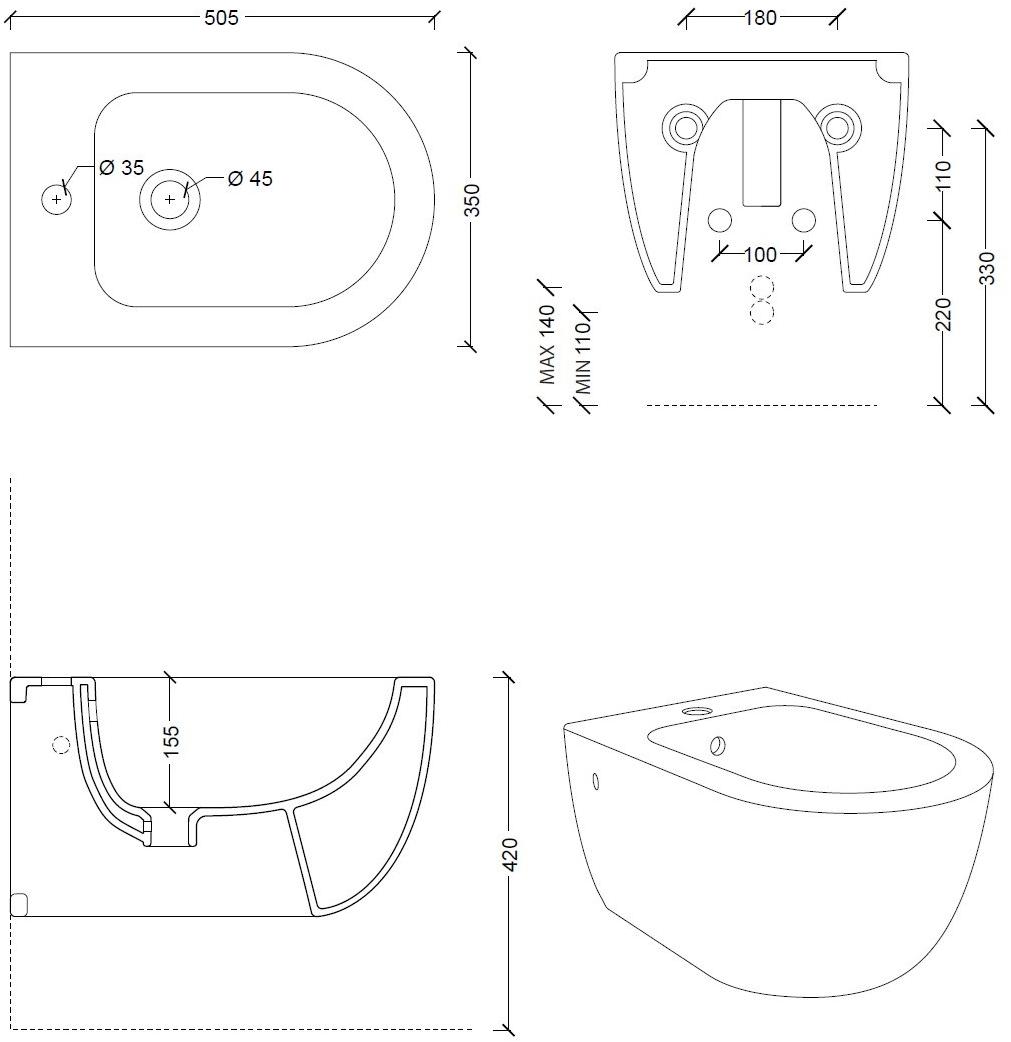 32230101,32250101 Биде подвесное UNICA Alice Ceramica - Вид №14
