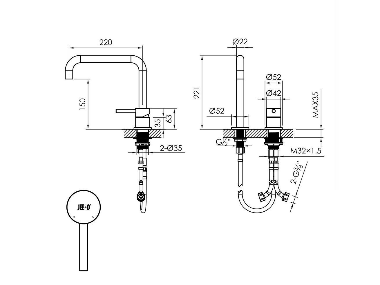 Смеситель для раковины с 2 отверстиями JEE-O Slimline ARCH-00043559 - Вид №2