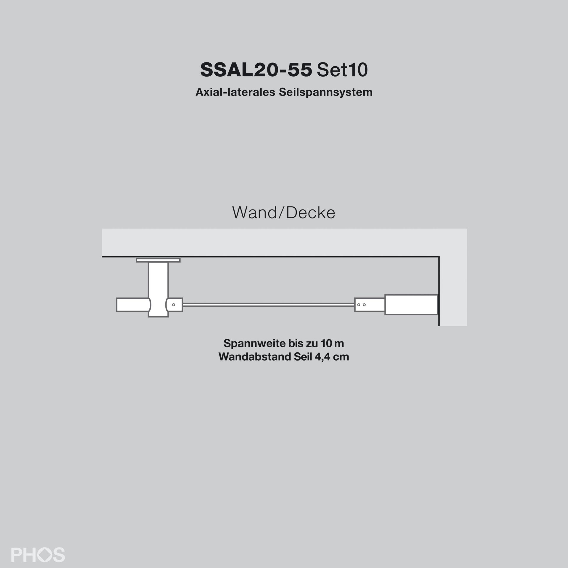 SSAL20-55Set10 Система осе-бокового натяжения кабеля до 10 метров, небольшое расстояние от стены или потолка PHOS  - Вид №2