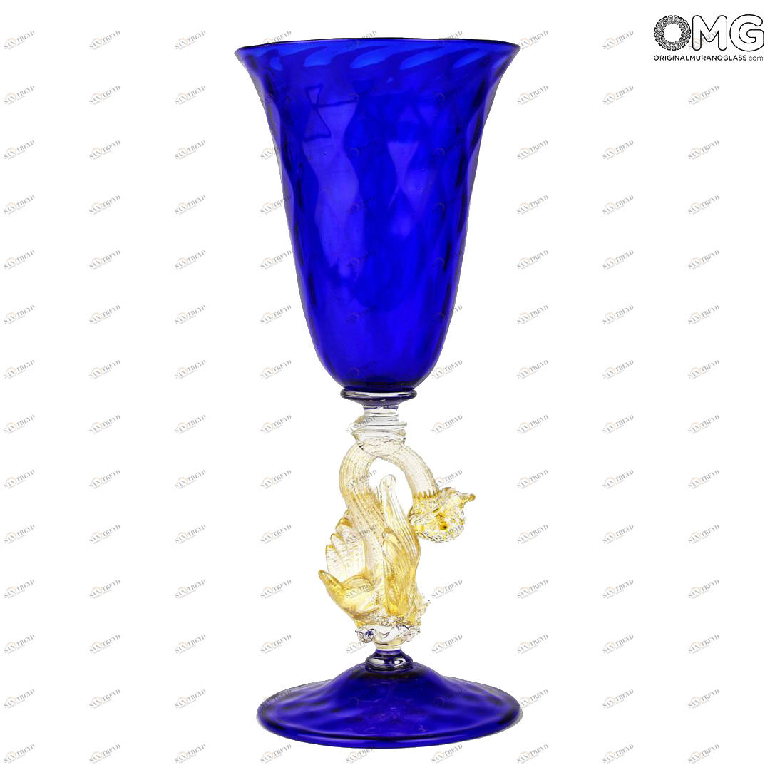 1011 ORIGINALMURANOGLASS Венецианский темно-синий бокал Золотой Лебедь - Blu Cigno Dorato - муранское стекло OMG 10 см 