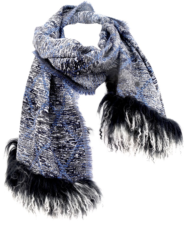 SIGRID _T Шаль, синий 70X180 шерсть, мех козий PETRUSSE Santreyd 