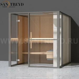 Effegibi LOGICAFILO S LO21010001 Сауна. Установка: к стене. Правая дверь. Мощность: 6 кВт макс. Размеры: длина 214 см, ширина 250 см. Отделка: канадский хемлок, матовый лакированный серый аллюминий и бежевый ламинат из керамогранита.