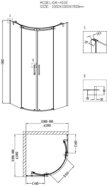 Душевое ограждение GROSSMAN GR-4100 Galaxy 100*100*190 полукруг, двери раздвижные - Вид №1