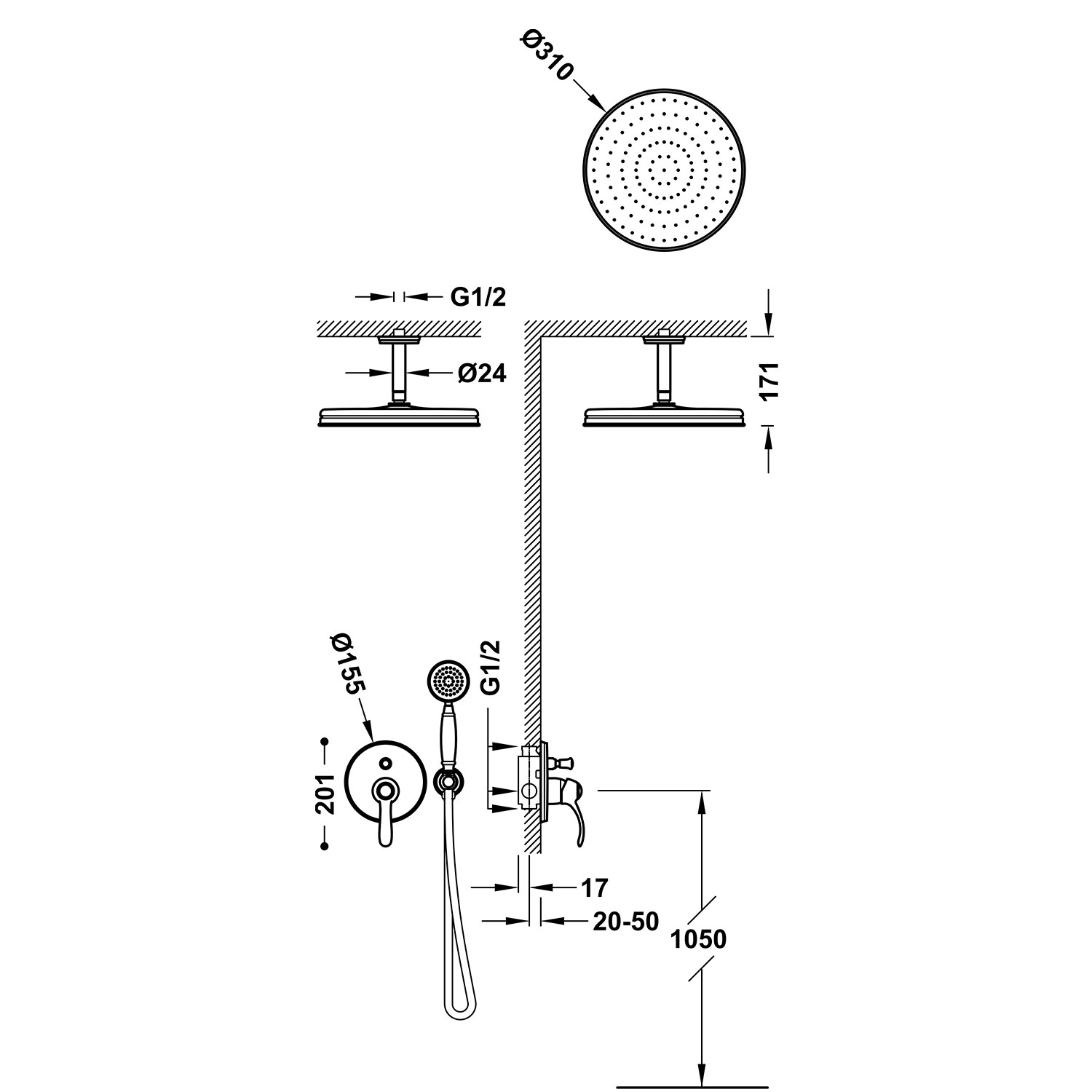 Комплект 2-ходового скрытого смесителя для душа TRES CLASIC с одной ручкой-24218004 TRES  - Вид №1