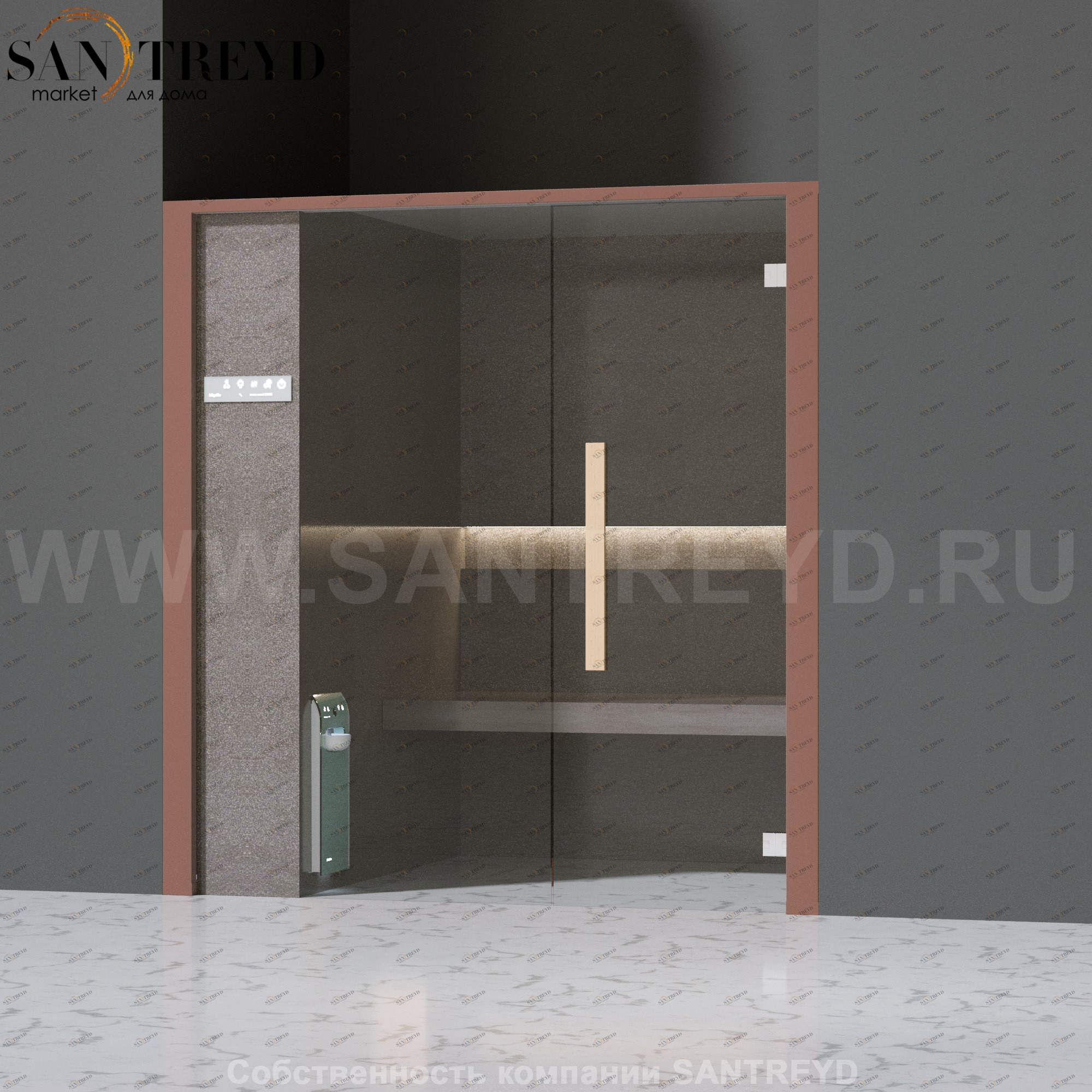 Effegibi ONEFILO H LO61030010 Хаммам. Установка: в нишу. Левая дверь. Мощность: 4,5 кВт макс. Размеры: длина 214 см, ширина 171 см. Отделка: матовый лакированный коричневый аллюминий и темный ламинат из керамогранита.