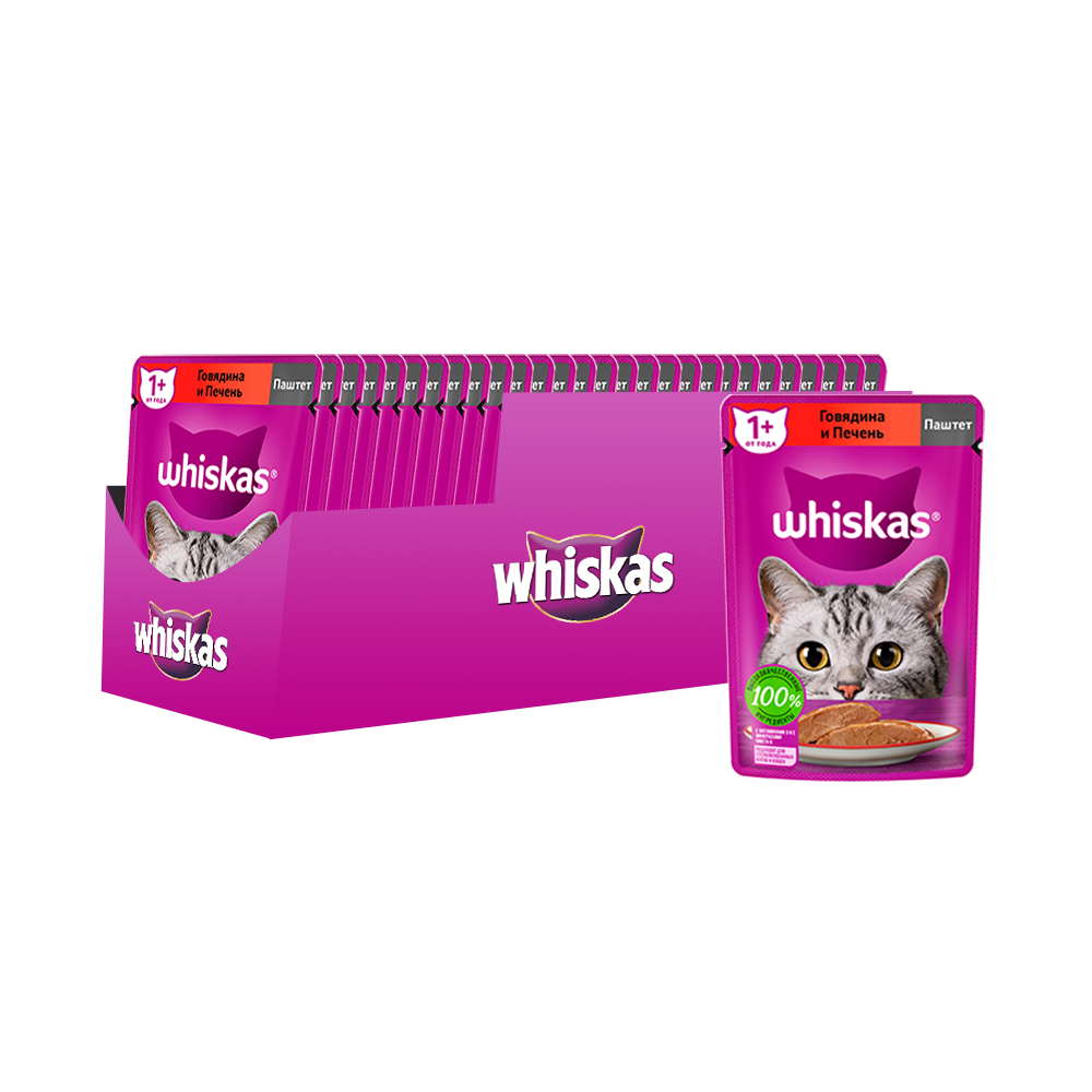 ПР0059371*28 Корм для кошек говядина, печень паштет пауч 75г (упаковка - 28 шт) WHISKAS 