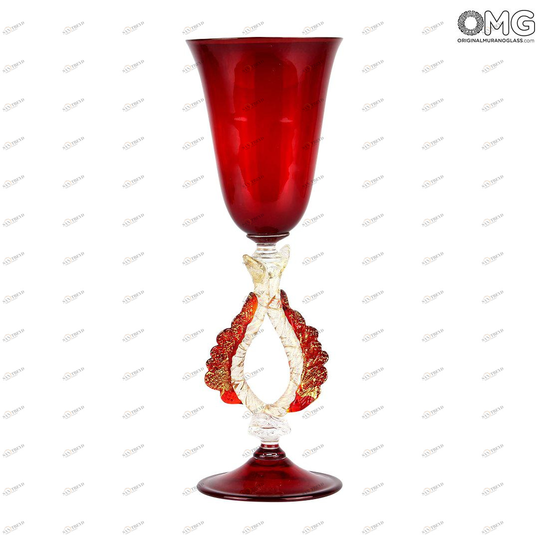 1933 ORIGINALMURANOGLASS Венецианский красный бокал с фигурной ножкой - муранское стекло 10 см 