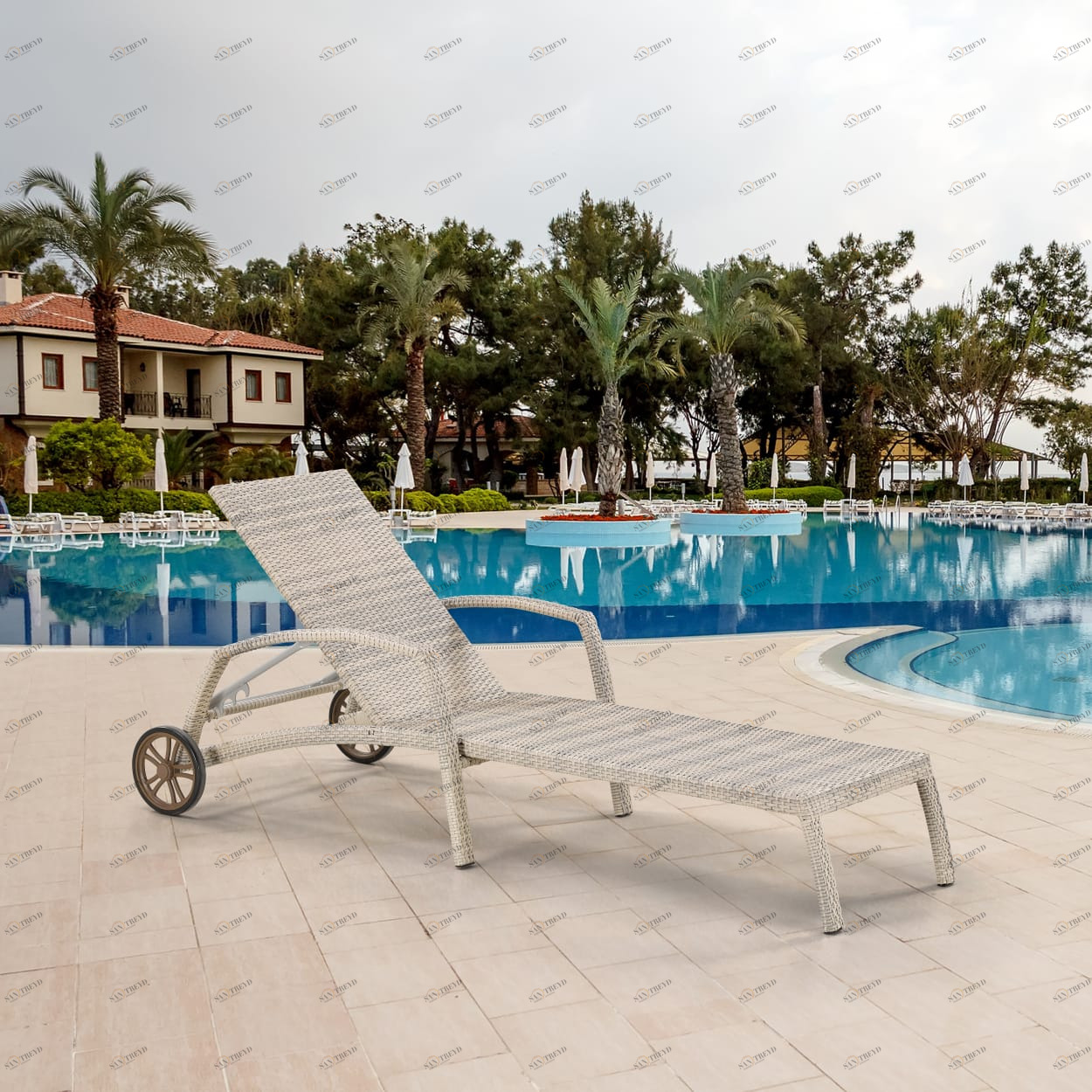 Шезлонг, искусственный ротанг, плетеный на колесах серый AFINA  00-3860504 Серый 