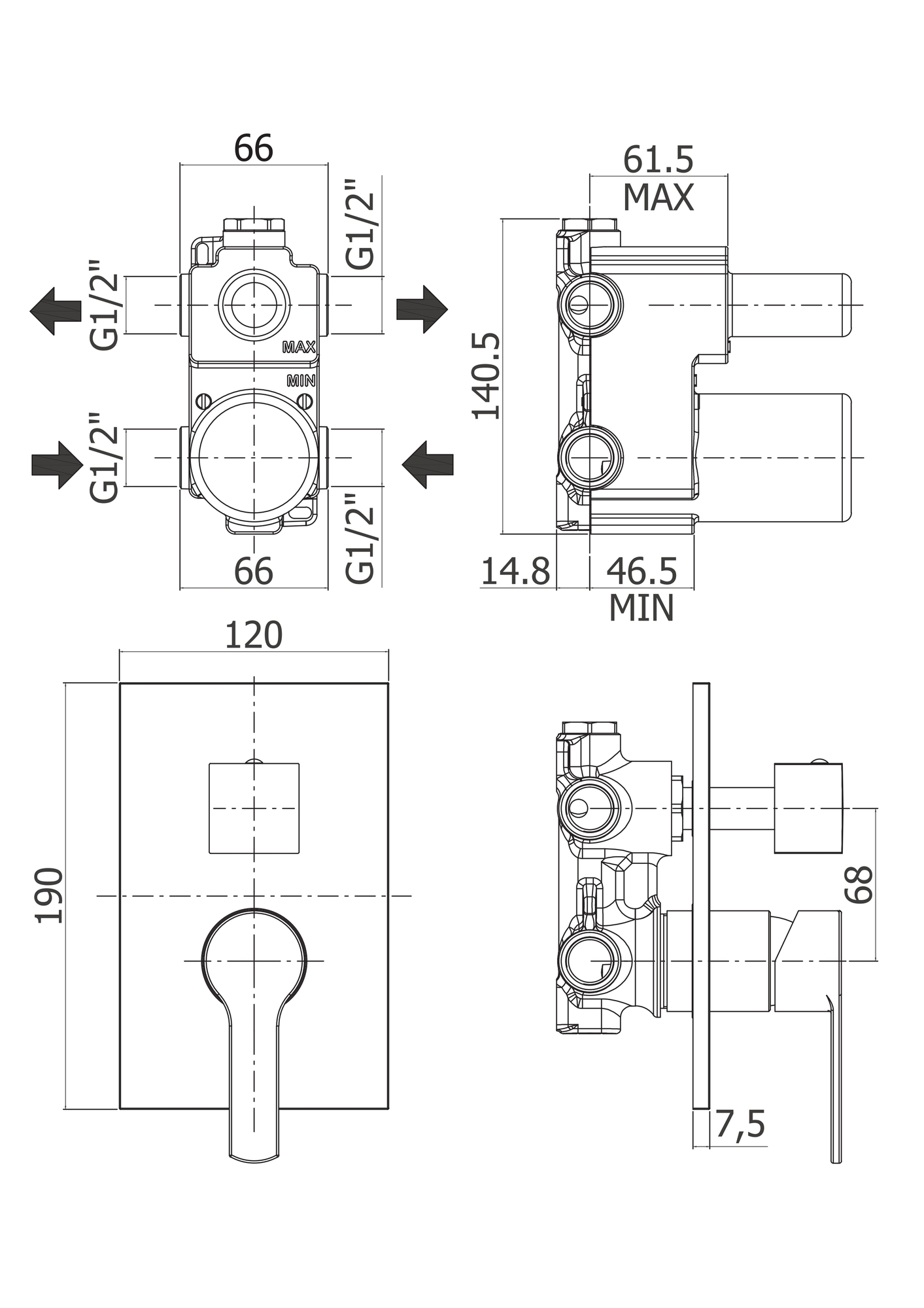 Встраиваемый смеситель для душа с поворотным переключателем на 3 выхода с комбо положением FUOCO-DEV3-01 Cezares - Вид №1