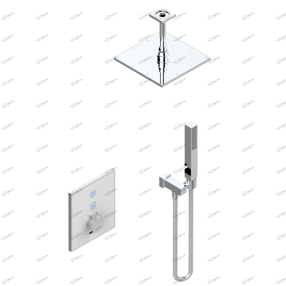 D14-6731B Комплект для душа Electrobox (включающий квадратную лейку для душа 200 х 200 мм с вертикальным держателем, ручной душ и смеситель с белой панелью, встраиваемый корпус и трансформатор) Thg-paris Electrobox Хром D14 6731B  A02 CAT.A