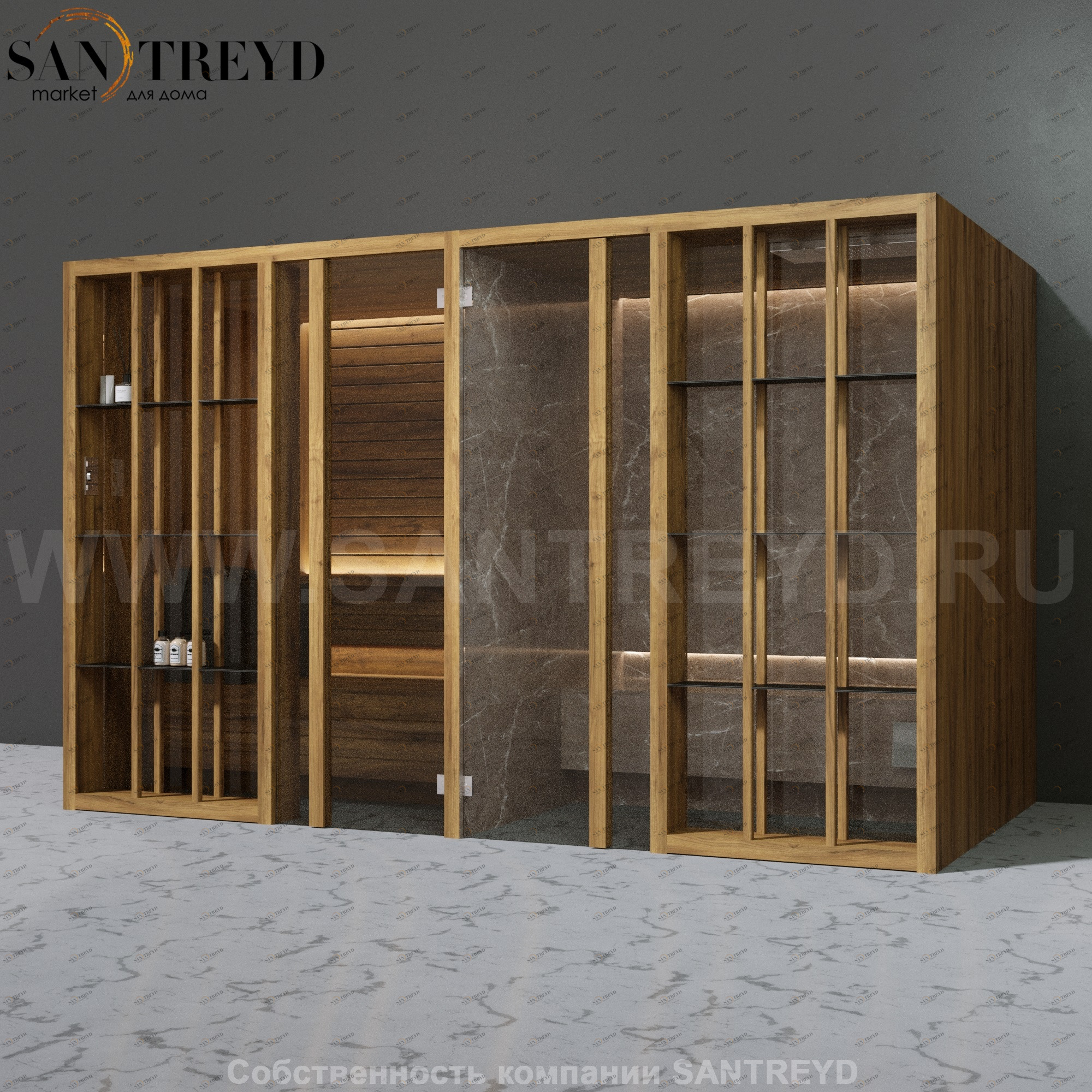 Effegibi YOKU.S SH YO.10220004 Комбинированная баня: хаммам и сауна. Установка: к стене Мощность: 10,5 кВт макс. Размеры: длина 342 см, ширина 170 см. Отделка: термообработанное дерево и темный керамогранит YO10220004