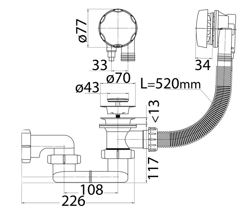 Слив-перелив Cezares полуавтомат для акриловой ванны CZR-STP1-01  - Вид №1