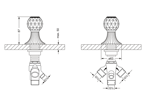 Переключатель на два положения ½", монтаж на борт ванны JOERGER Cronos Crystal 637.40.750.000-AA - Вид №1