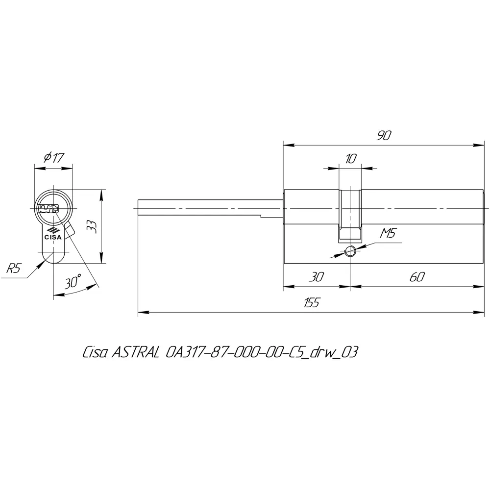 Цилиндр Cisa Astral ОА317-87.00, 55x10x25 мм, ключ/шток, цвет латунь, без вертушки STLM-2151687 - Вид №4