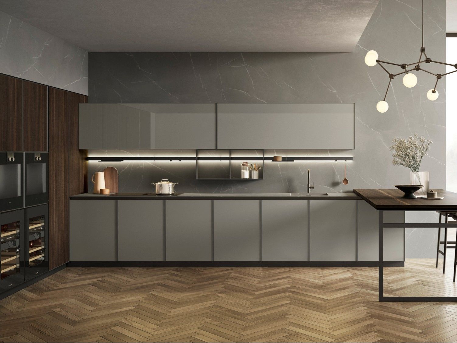 Встроенная кухня без ручек с полуостровом Composit Blend ARCH-00059348