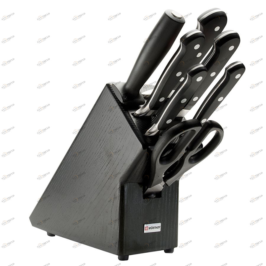 Набор кухонных ножей Classic: кухонные ножницы, мусат на черной деревянной подставке, 5 предметов WUESTHOF W9837200