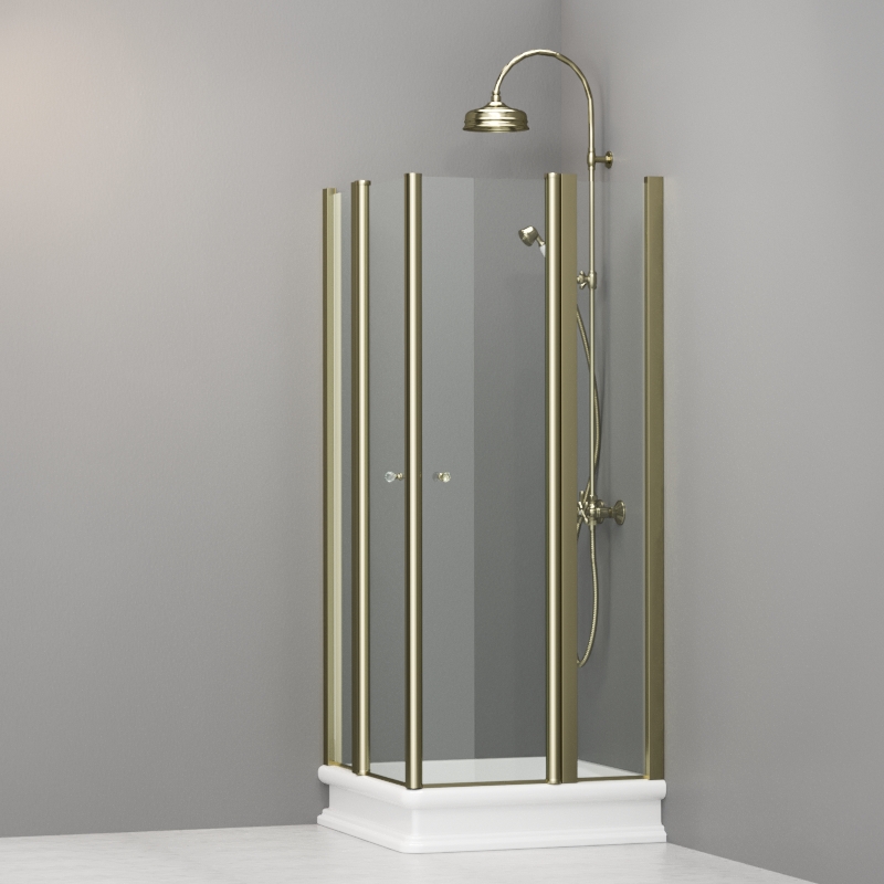 9159T1 Душевая кабинаDX/SX с двумя распашными дверьми и неподвижными элементами для душевого поддона квадрат 80x80, цвет Золотистый Kerasan RETRO Италия 