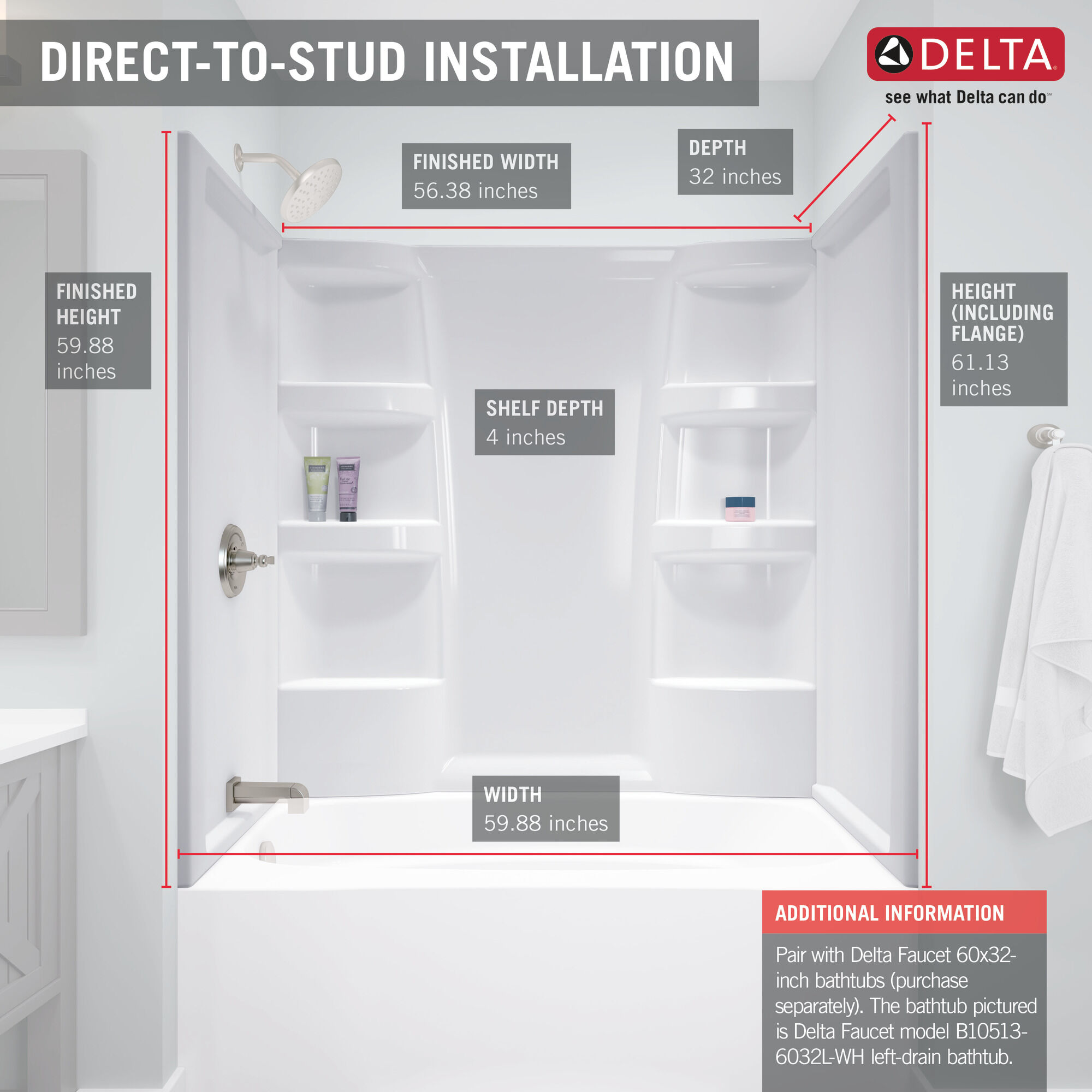 ProCrylic 60 дюймов x 32 дюйма Окружение ванны Delta Faucet B66513-6032-WH - Вид №6