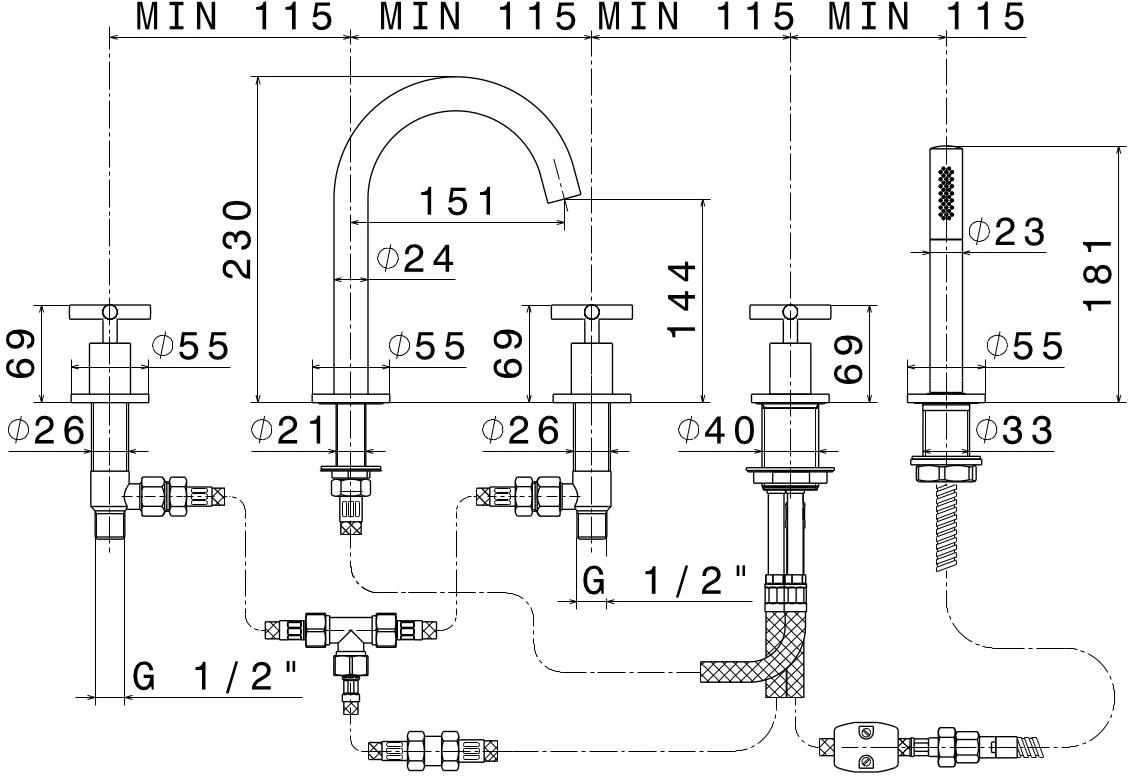 newform Смеситель для ванны на 5 отверстий с ручным душем Blink 70882c - 70982c - Вид №3