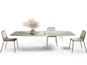 Бочковый стол со стеклянным основанием и столешницей из XGlass с мраморным эффектом