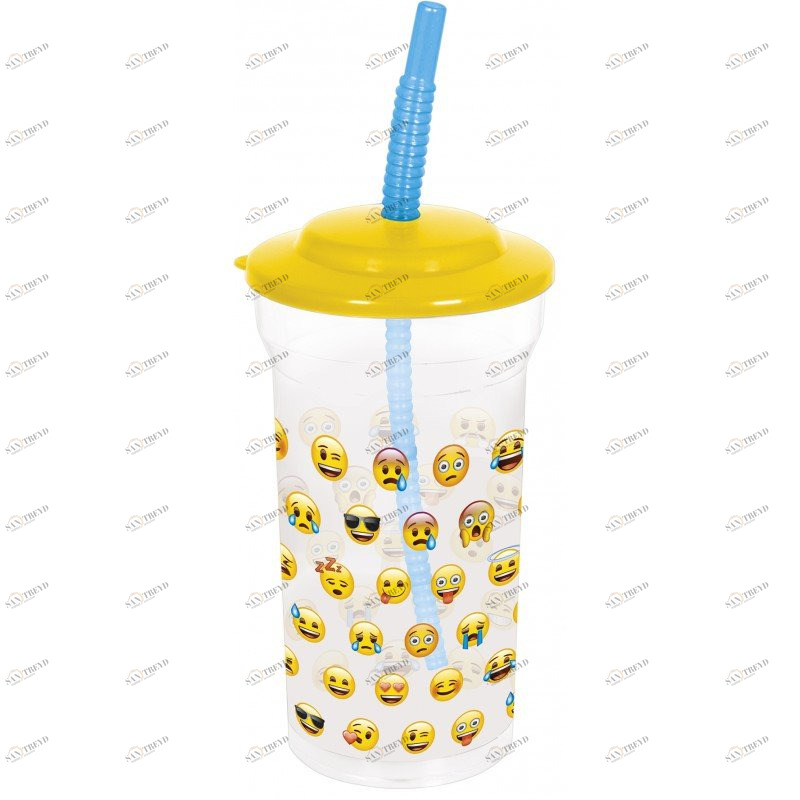 Стакан пластиковый прозрачный с соломинкой и крышкой "Эмодзи. Лица", 460 мл STOR ЭМОДЗИ 335936 Желтый;прозрачный Santreyd 