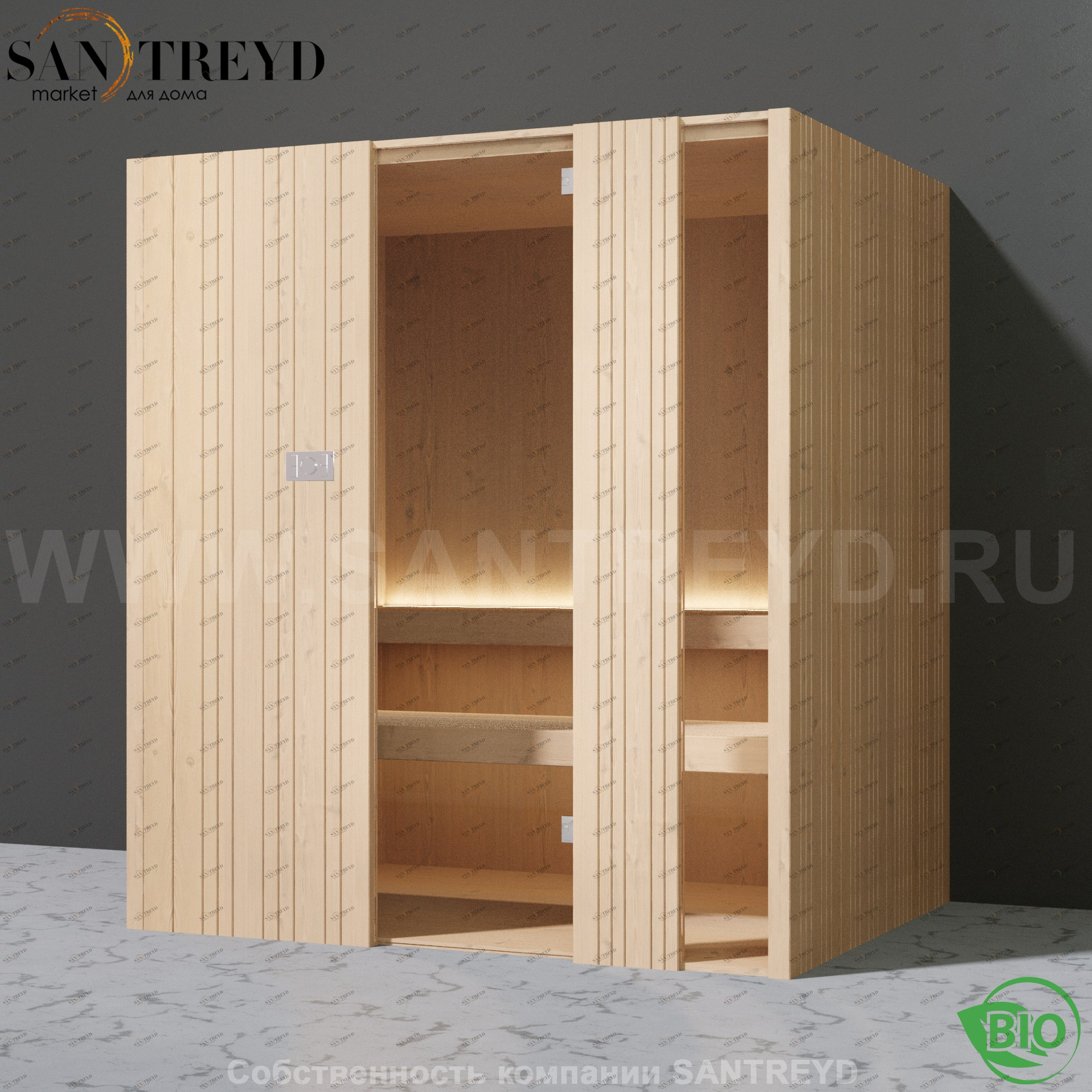 Effegibi AUKI BI50450050 Био-сауна. Установка: к стене. Мощность: 4,5 кВт макс. Размеры: длина 189 см, ширина 126 см. Отделка: канадский хемлок.