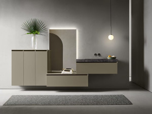 Состав ванной комнаты с подвесным умывальником, дверцами, ящиками и зеркалом