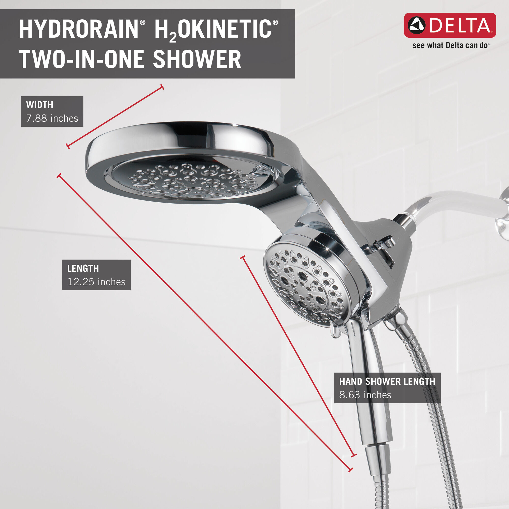 58680-PN HydroRain® H2Okinetic® 5-регулировочная душевая лейка два в одном Delta Faucet Universal Showering Полированный никель  - Вид №13