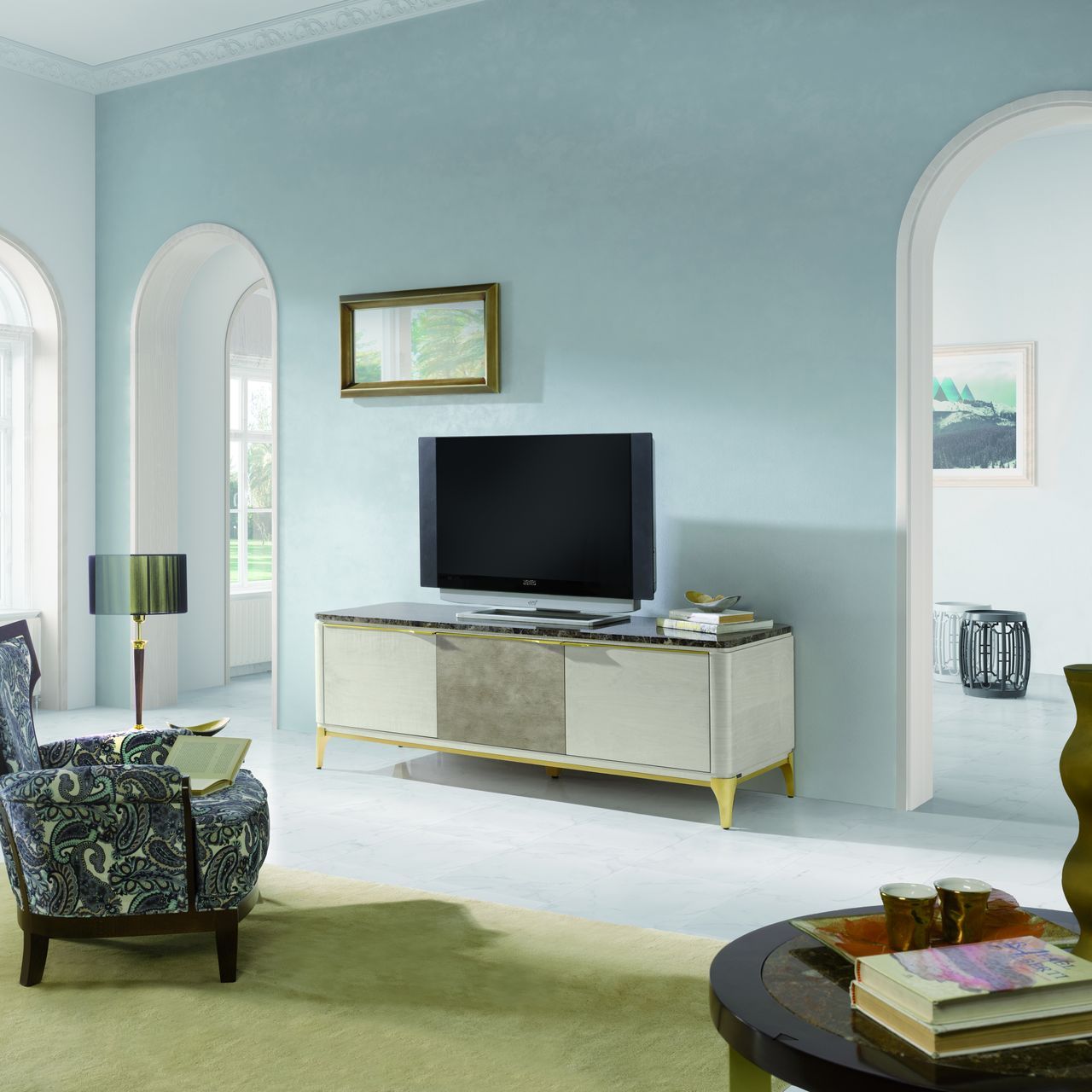 Шкаф для телевизора из дерева и мрамора с распашными дверцами и кожаными вставками Hurtado Evolution ARCH-00080067 - Вид №5