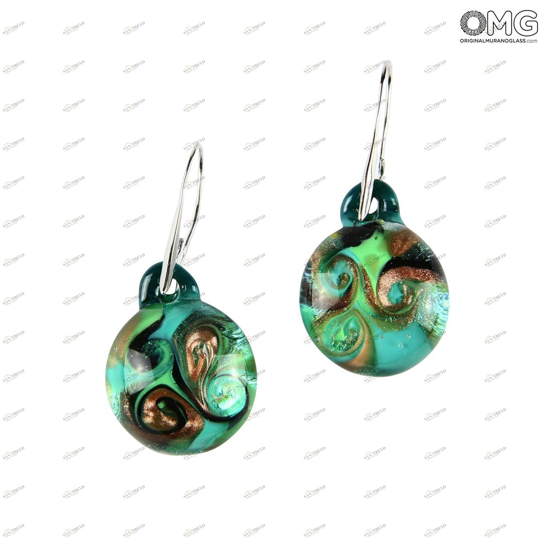 264 ORIGINALMURANOGLASS Зелёные круглые серьги из муранского стекла с авантюрином - OMG 3 см 